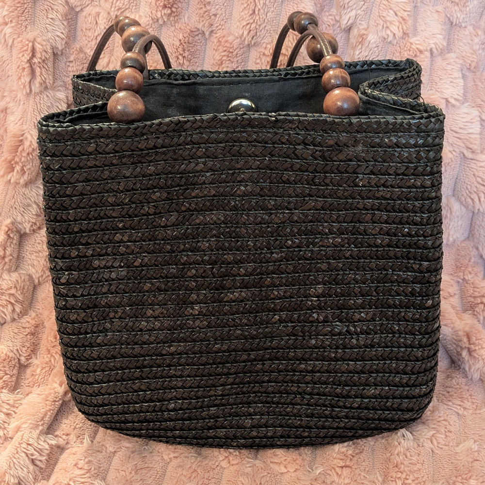 St. Johns Bay Woven Black Handbag Great Condition Beach Bag Wooden Beads